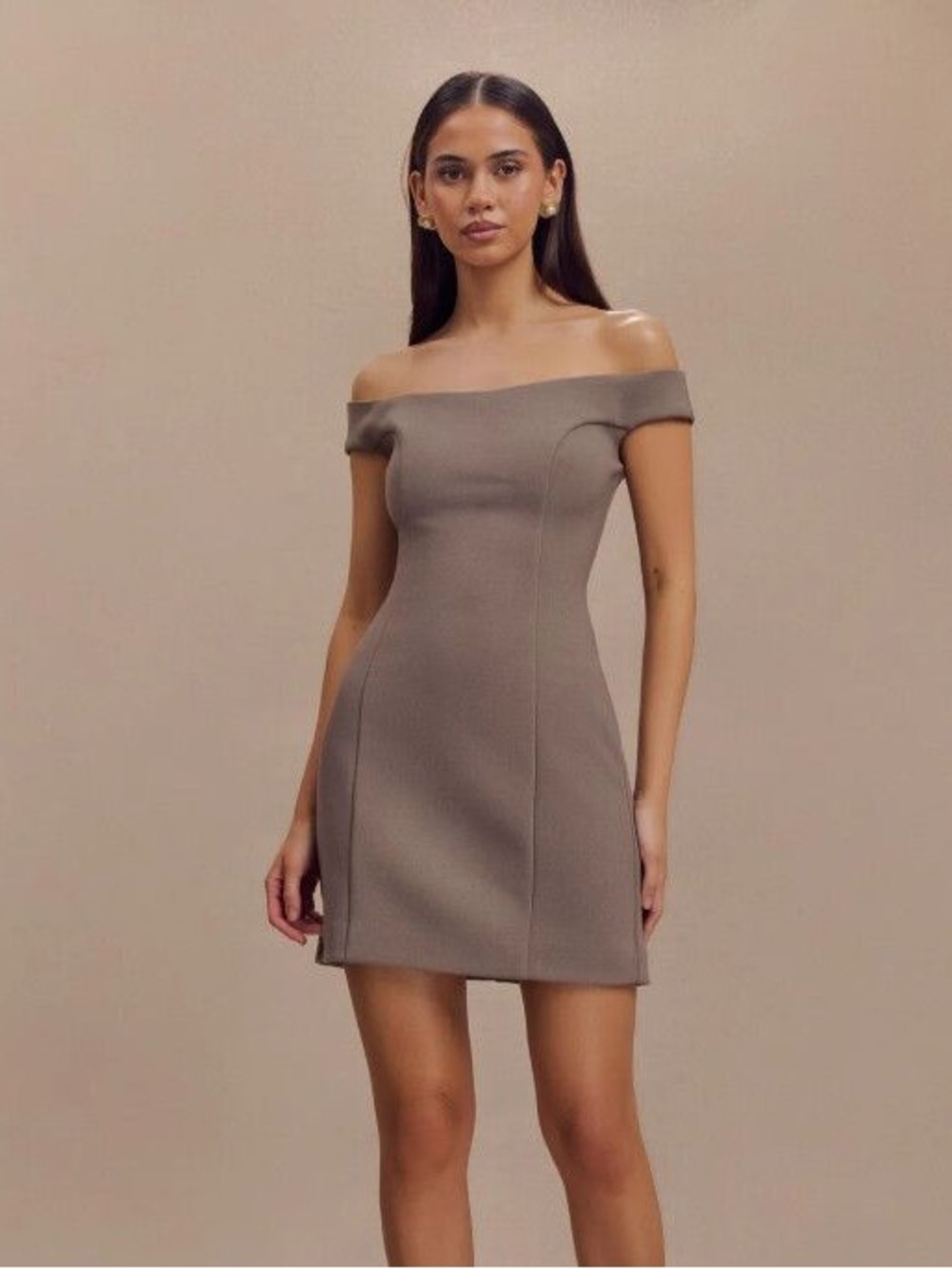 NWT Meshki Cassidy Crepe Off Shoulder Mini Dress Taupe Smoke Small Party